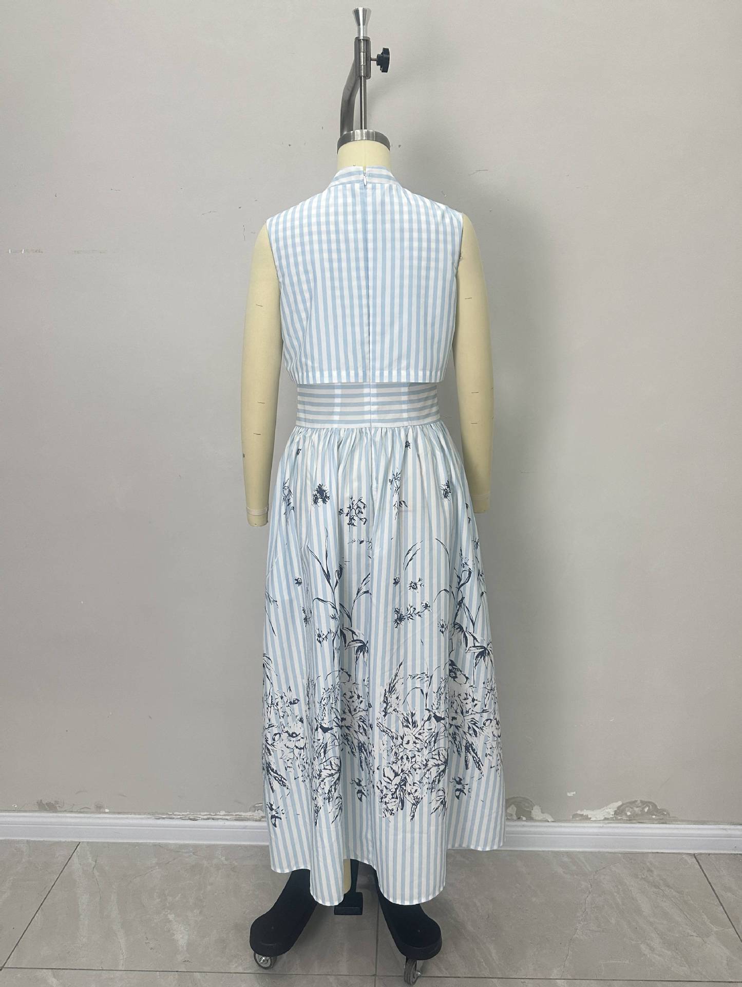 Striped V-Neck A-Line Dress with Floral Print Hem