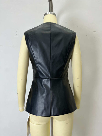 Faux Leather Vest & Sheath Skirt Set with Gold Buttons