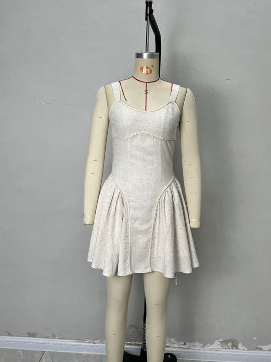 Square Neck Mini Dress with Fitted Bodice and Pleated Skirt