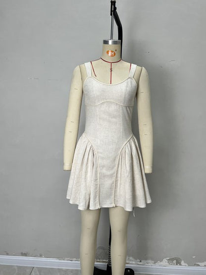 Square Neck Mini Dress with Fitted Bodice and Pleated Skirt