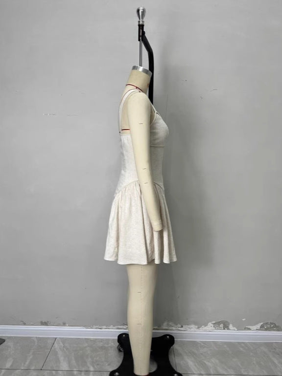 Square Neck Mini Dress with Fitted Bodice and Pleated Skirt