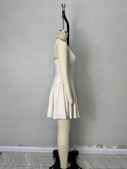 Square Neck Mini Dress with Fitted Bodice and Pleated Skirt