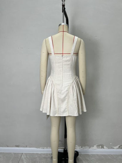Square Neck Mini Dress with Fitted Bodice and Pleated Skirt