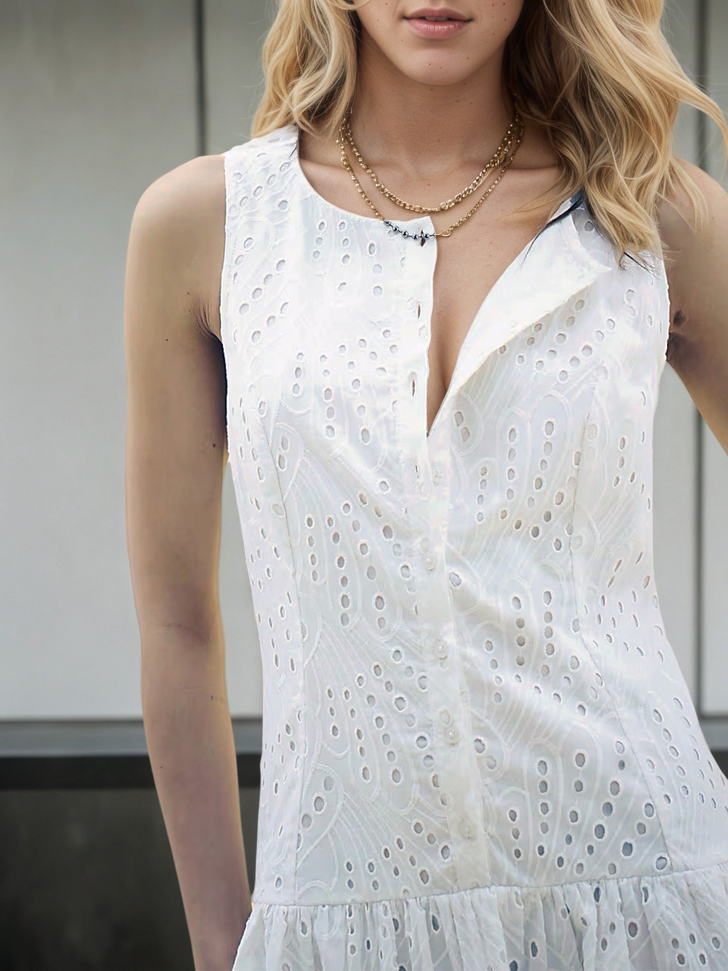 Sleeveless Eyelet A-Line Dress with Button Front