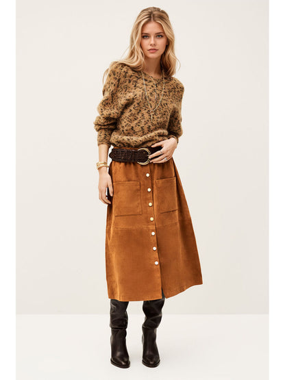 Faux Suede A-Line Midi Skirt with Button Front and Patch Pockets