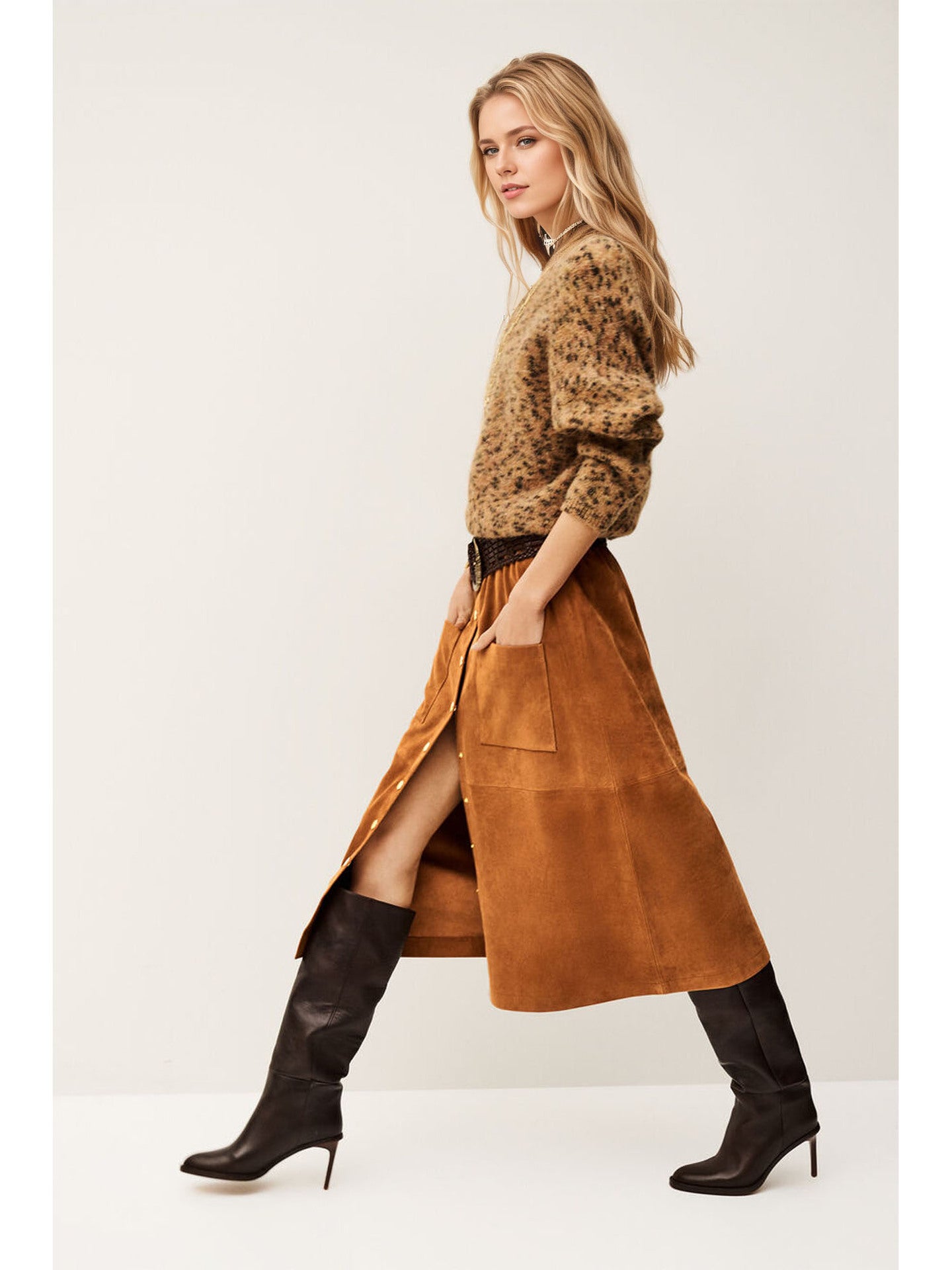 Faux Suede A-Line Midi Skirt with Button Front and Patch Pockets