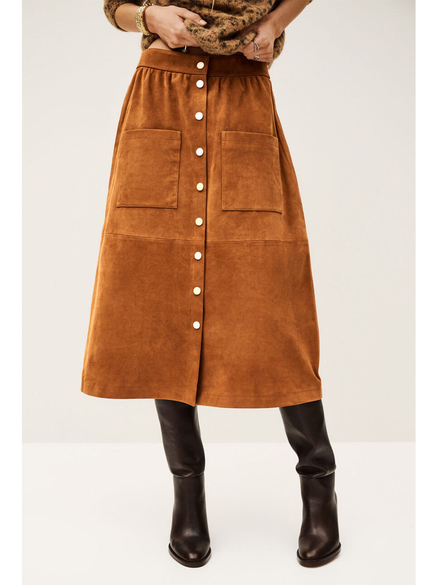 Faux Suede A-Line Midi Skirt with Button Front and Patch Pockets