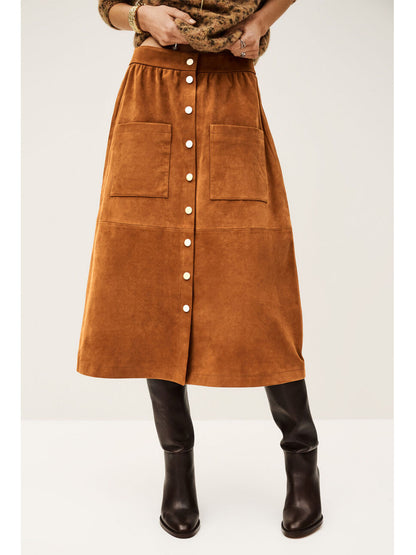 Faux Suede A-Line Midi Skirt with Button Front and Patch Pockets