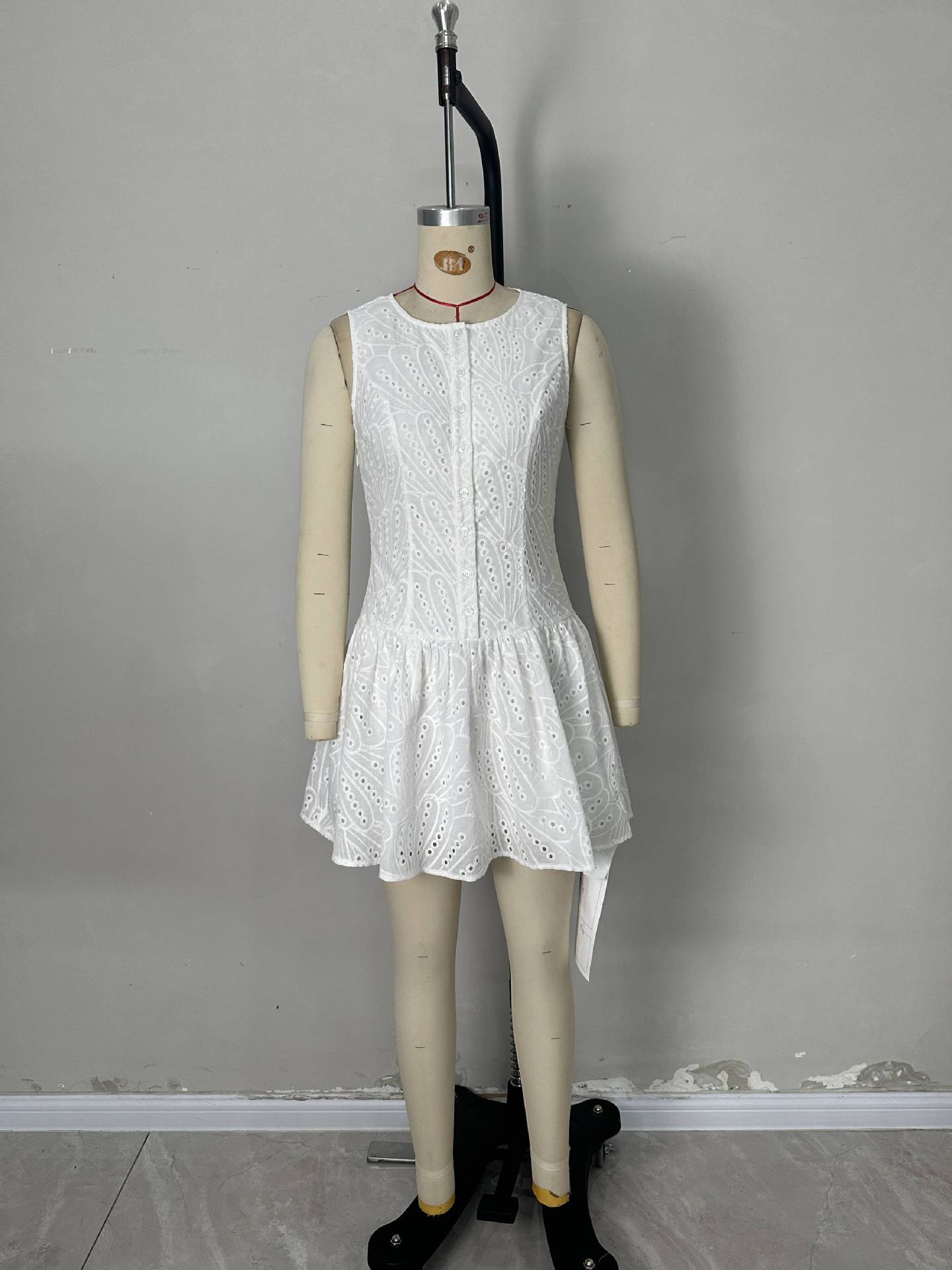 Sleeveless Eyelet A-Line Dress with Button Front