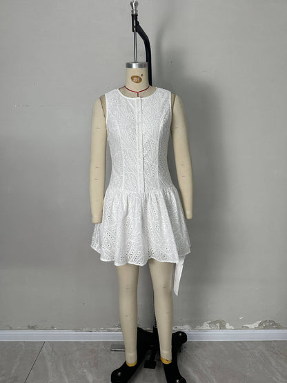Sleeveless Eyelet A-Line Dress with Button Front