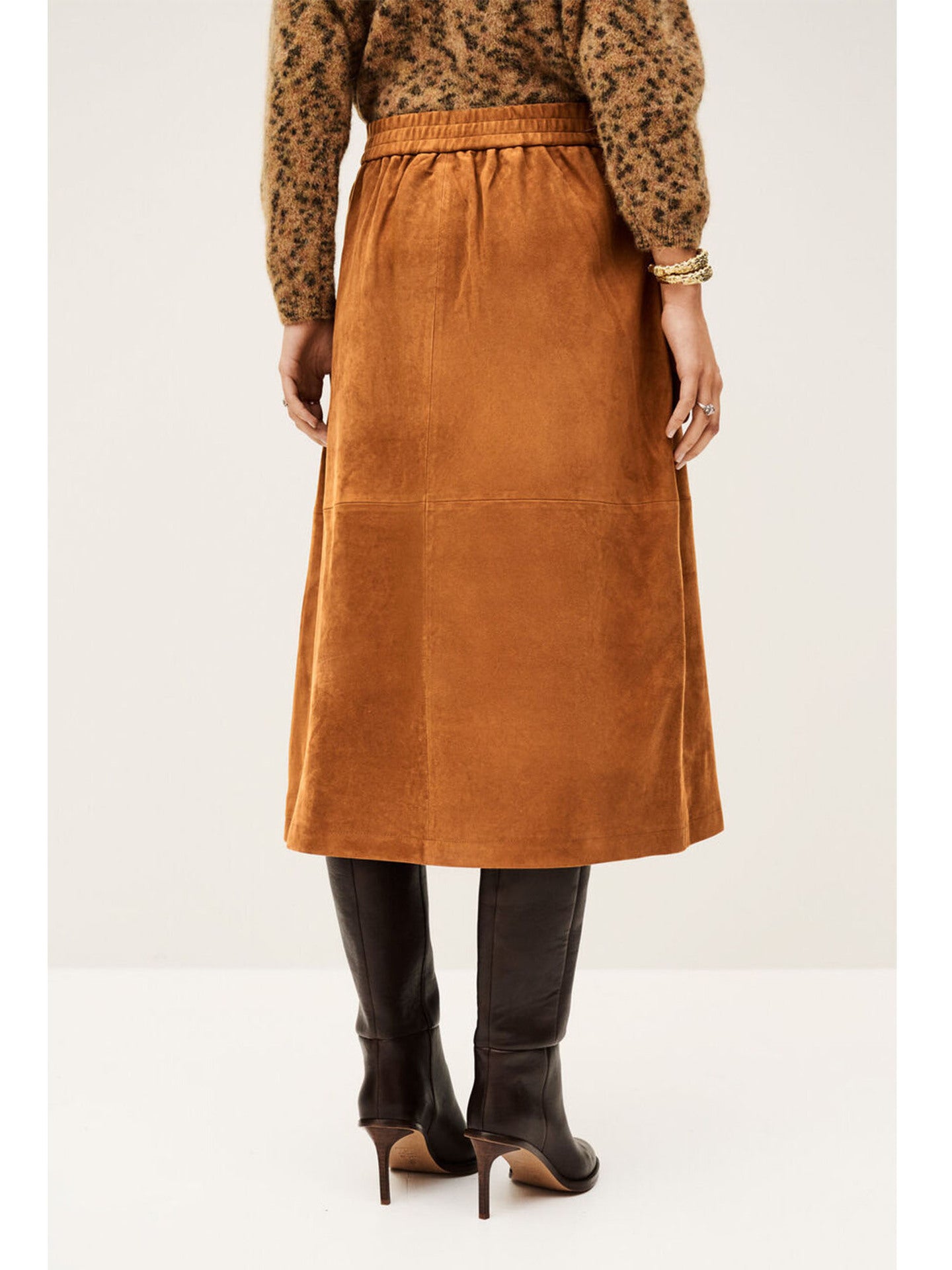Faux Suede A-Line Midi Skirt with Button Front and Patch Pockets