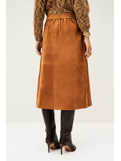 Faux Suede A-Line Midi Skirt with Button Front and Patch Pockets