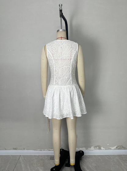 Sleeveless Eyelet A-Line Dress with Button Front