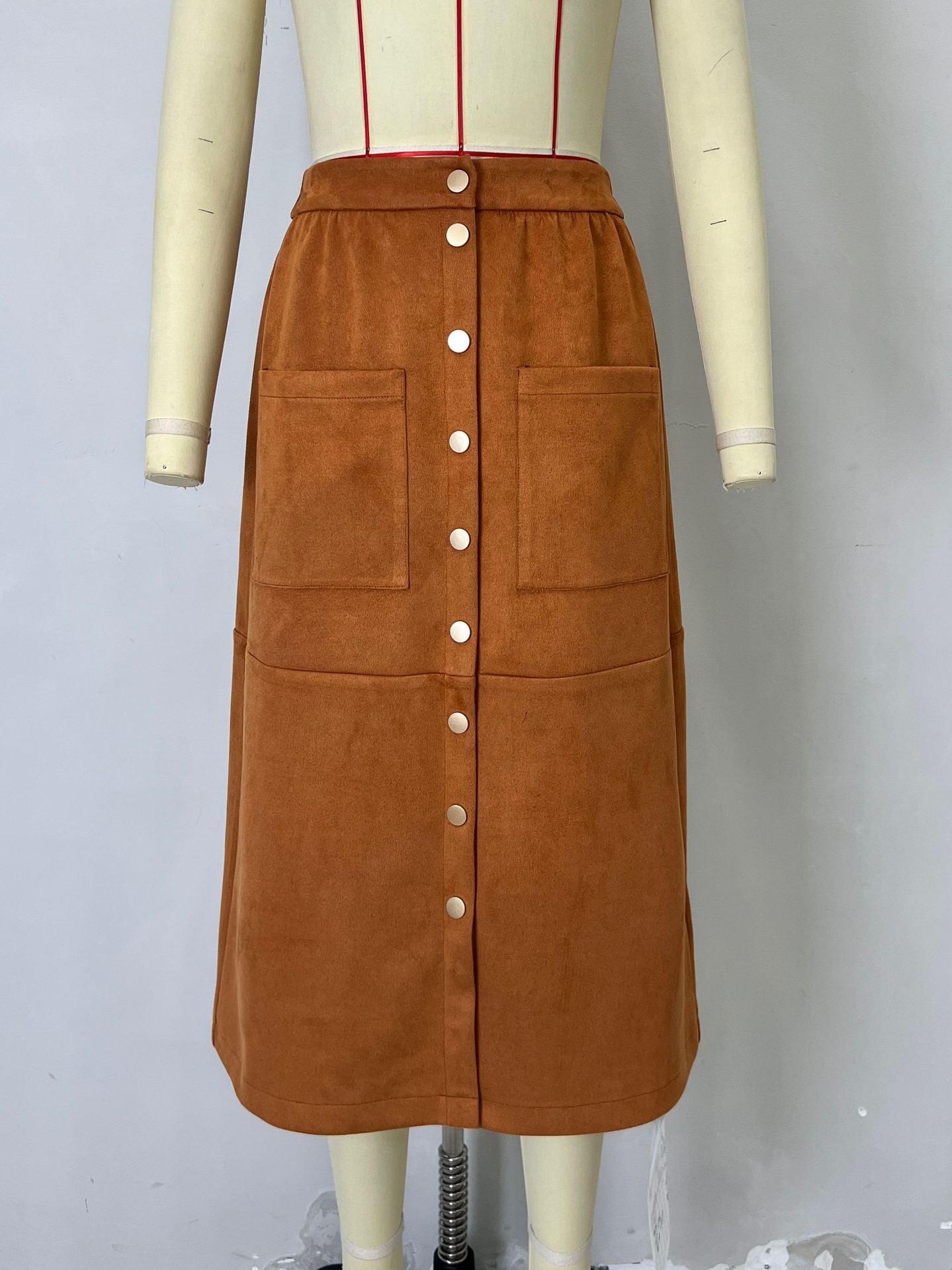 Faux Suede A-Line Midi Skirt with Button Front and Patch Pockets
