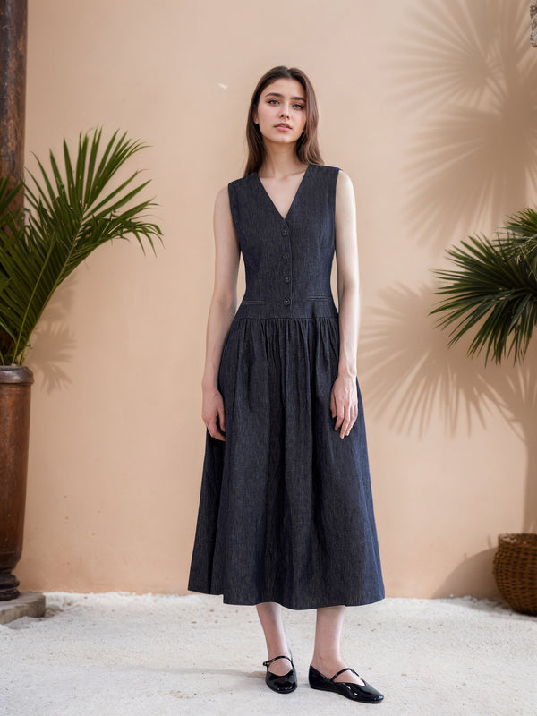 Denim-Look Midi Dress with V-Neck and Button Front