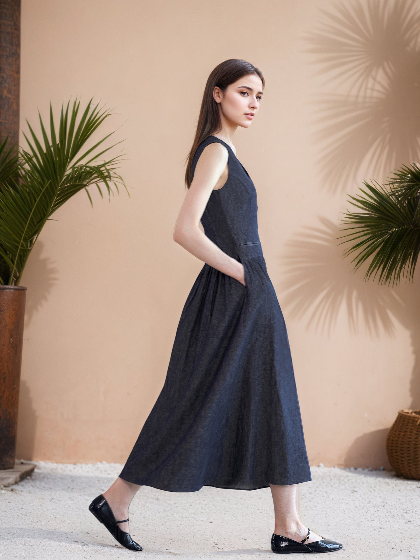 Denim-Look Midi Dress with V-Neck and Button Front