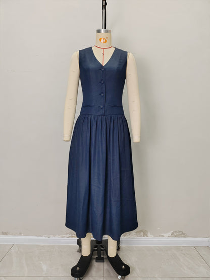 Denim-Look Midi Dress with V-Neck and Button Front