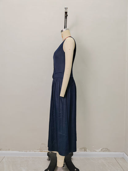 Denim-Look Midi Dress with V-Neck and Button Front