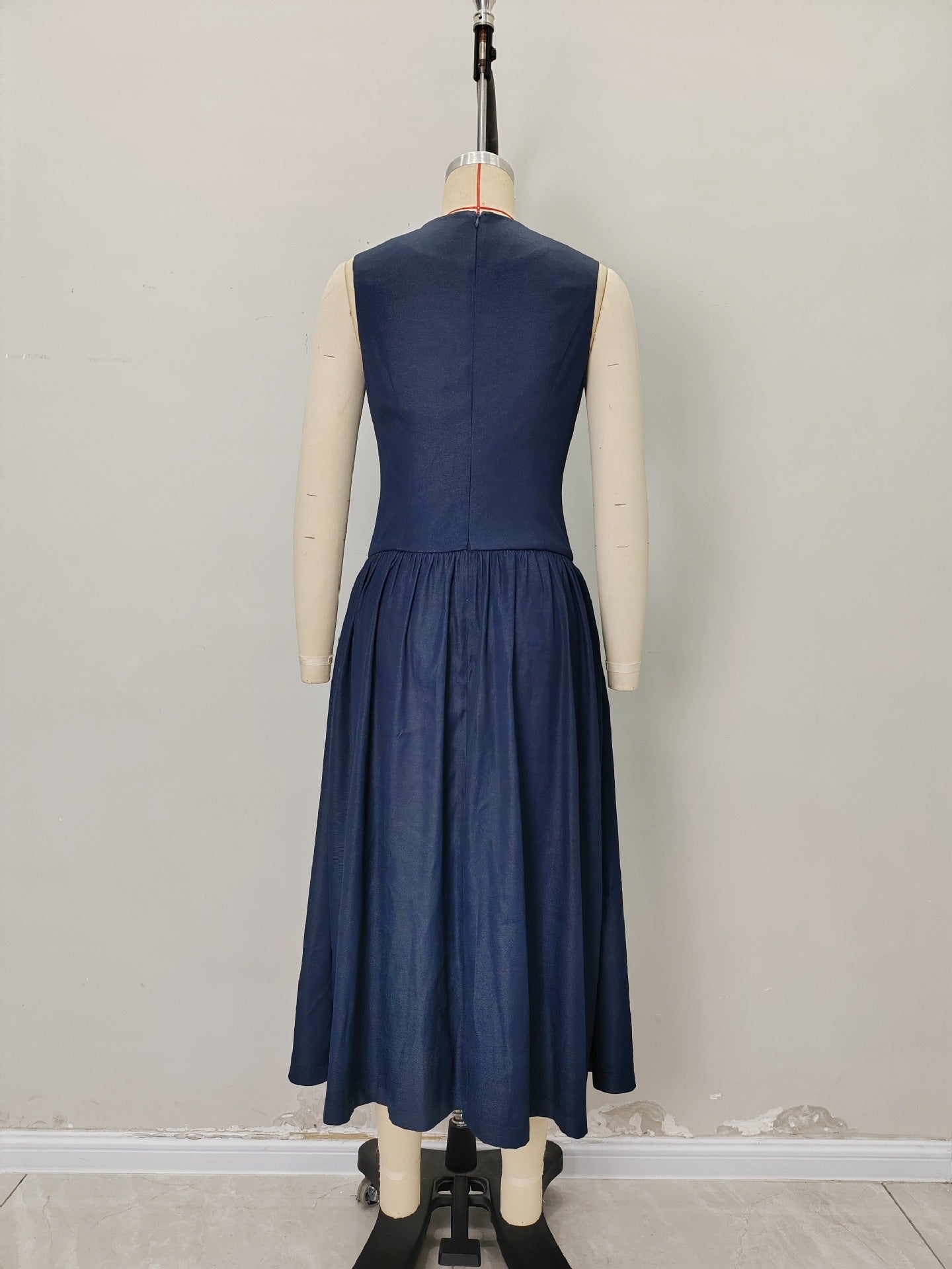 Denim-Look Midi Dress with V-Neck and Button Front