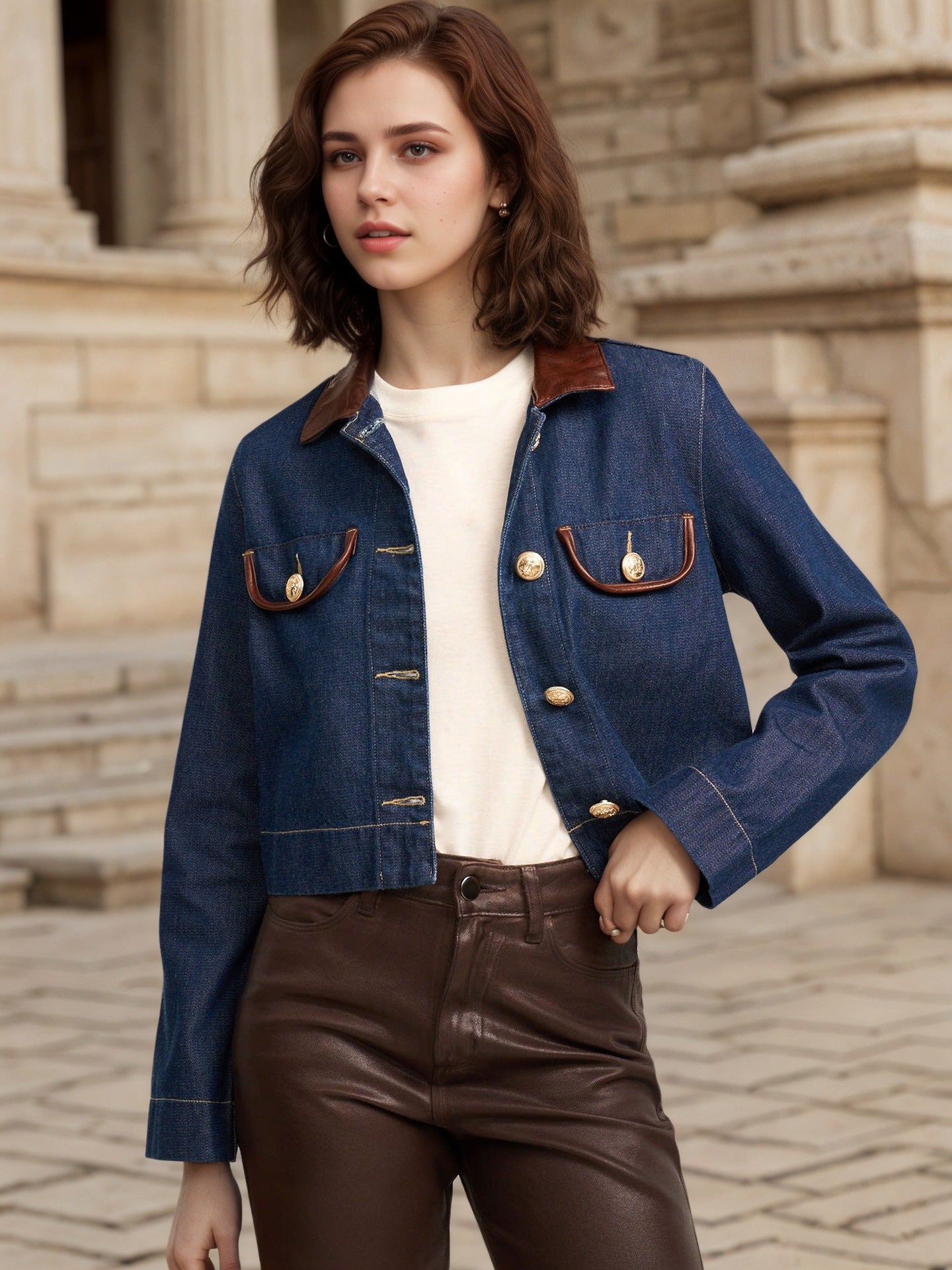 Cropped Denim Jacket with Leather Collar and Gold Buttons
