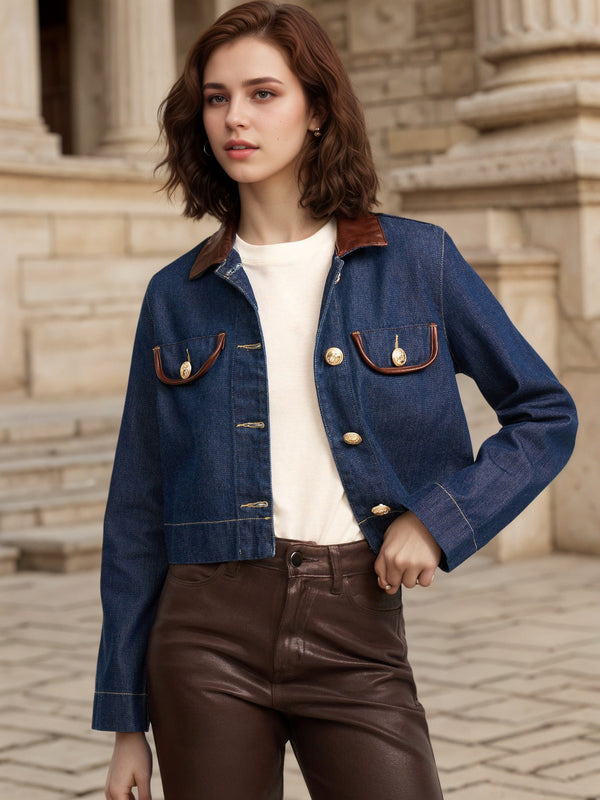 Cropped Denim Jacket with Leather Collar and Gold Buttons