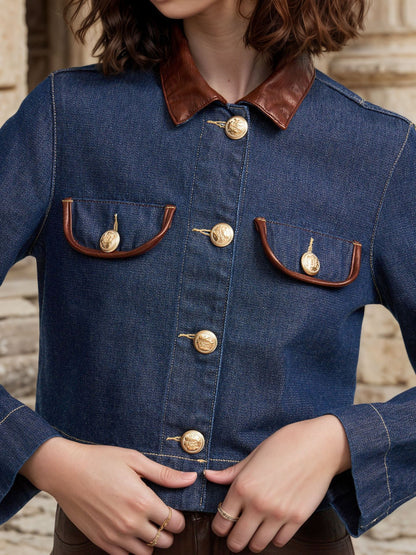 Cropped Denim Jacket with Leather Collar and Gold Buttons