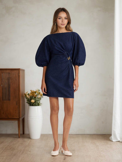 Boat Neck Mini Dress with Puff Sleeves and Ruched Waist