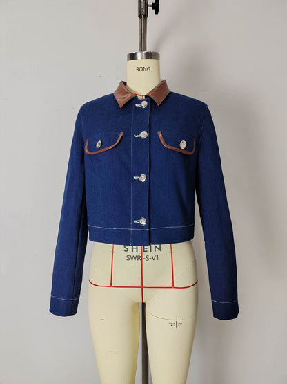 Cropped Denim Jacket with Leather Collar and Gold Buttons