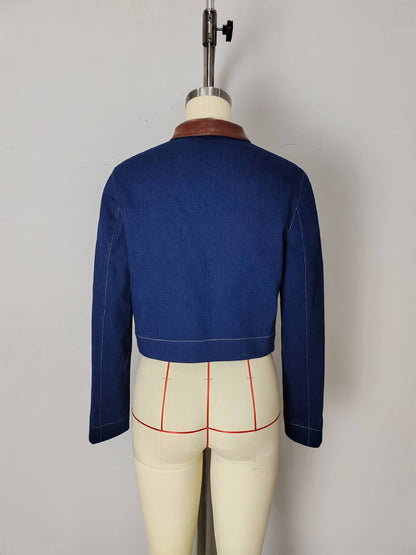 Cropped Denim Jacket with Leather Collar and Gold Buttons