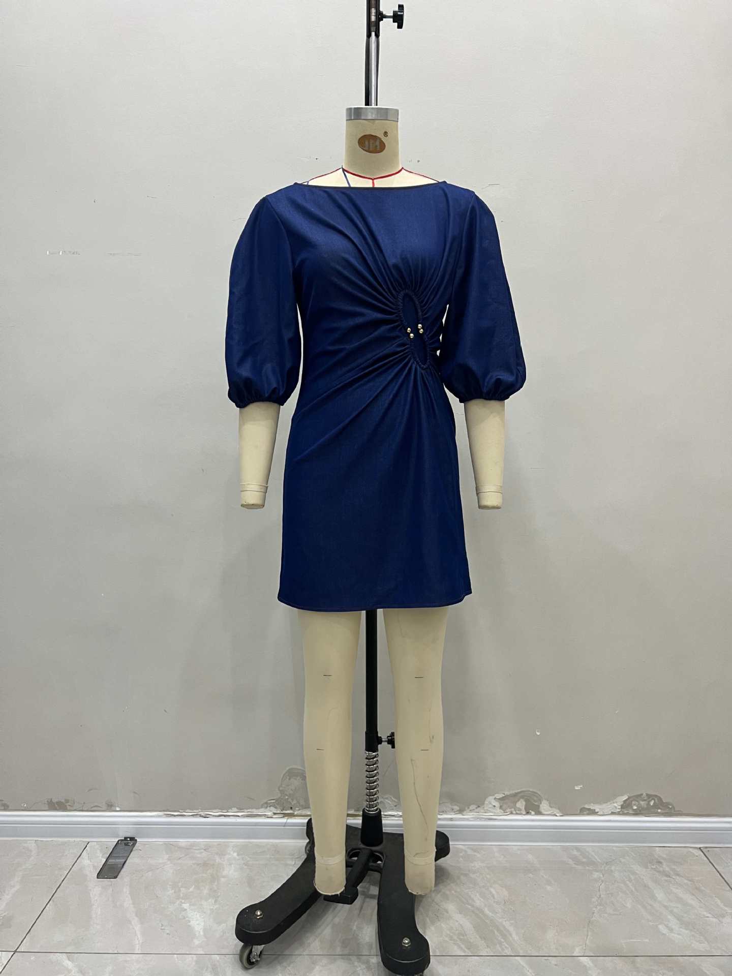 Boat Neck Mini Dress with Puff Sleeves and Ruched Waist