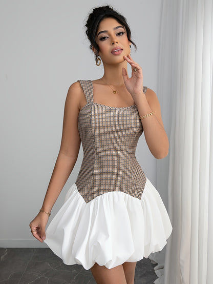 Sleeveless Contrast Houndstooth Mini Dress with Bubble Skirt