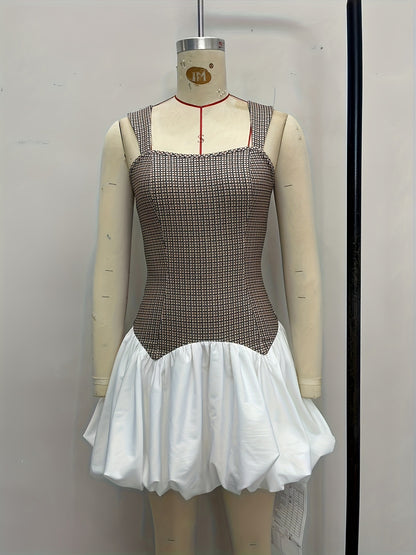 Sleeveless Contrast Houndstooth Mini Dress with Bubble Skirt