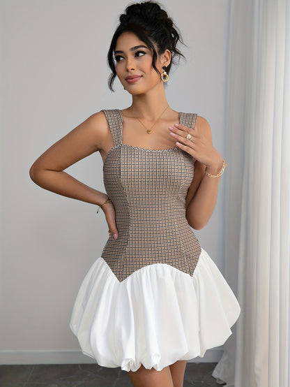 Sleeveless Contrast Houndstooth Mini Dress with Bubble Skirt