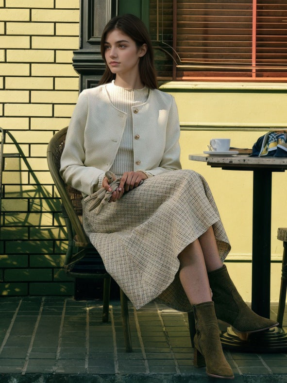 Plaid A-Line Midi Skirt with High Waist and Button Front