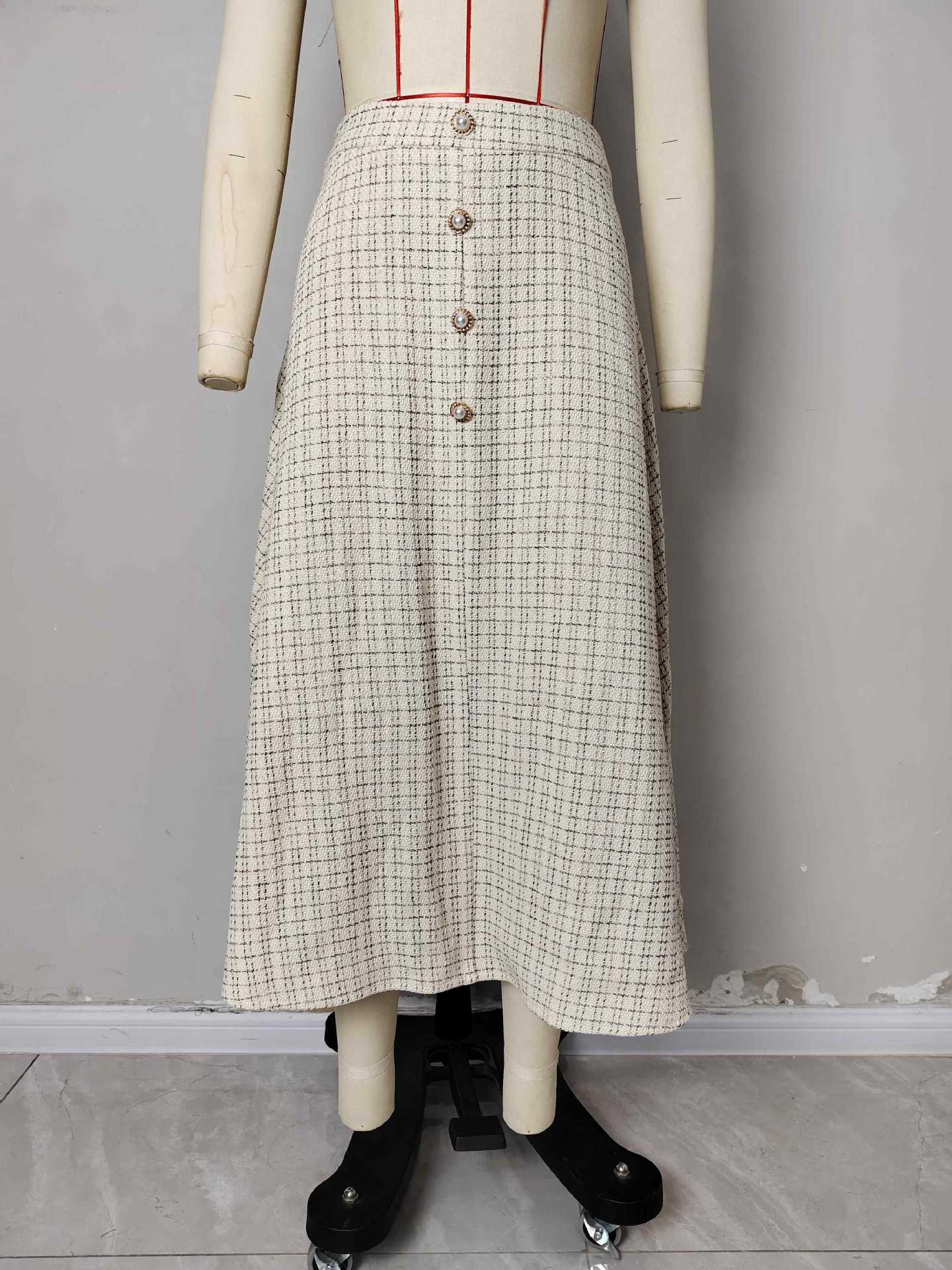 Plaid A-Line Midi Skirt with High Waist and Button Front