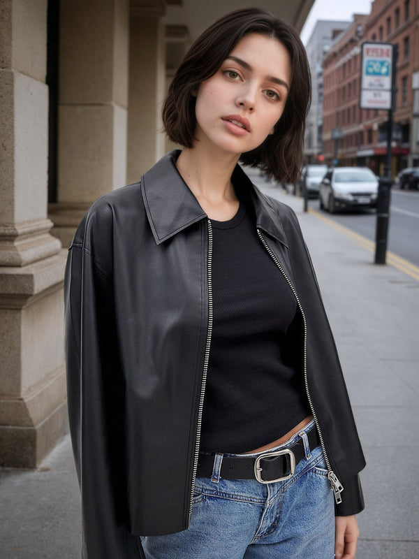 Oversized Faux Leather Jacket with Lapel Collar and Zipper