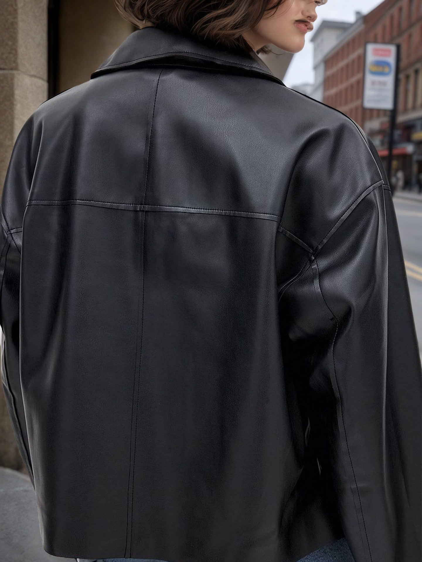 Oversized Faux Leather Jacket with Lapel Collar and Zipper