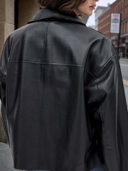Oversized Faux Leather Jacket with Lapel Collar and Zipper
