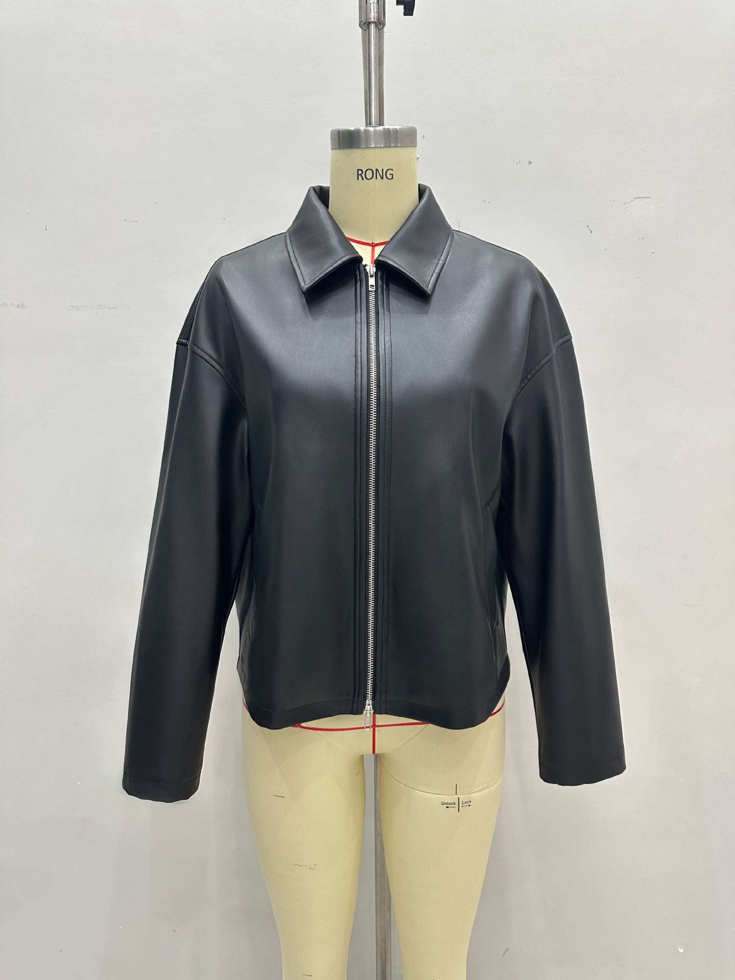 Oversized Faux Leather Jacket with Lapel Collar and Zipper