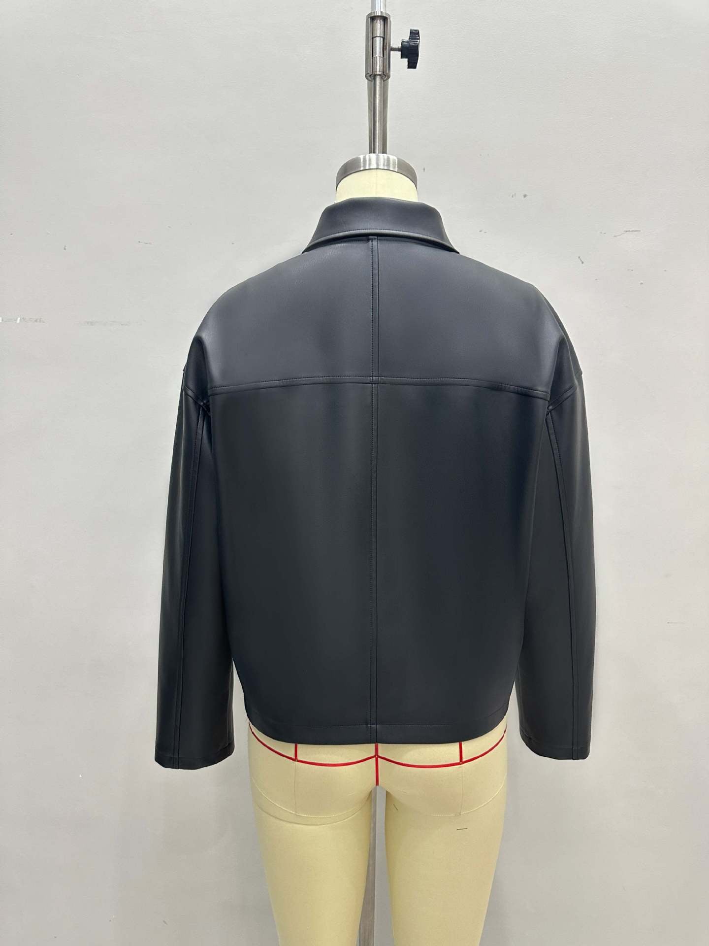 Oversized Faux Leather Jacket with Lapel Collar and Zipper