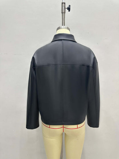 Oversized Faux Leather Jacket with Lapel Collar and Zipper