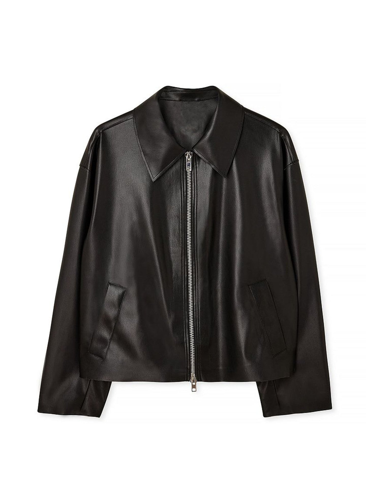 Oversized Faux Leather Jacket with Lapel Collar and Zipper
