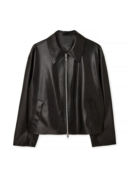 Oversized Faux Leather Jacket with Lapel Collar and Zipper