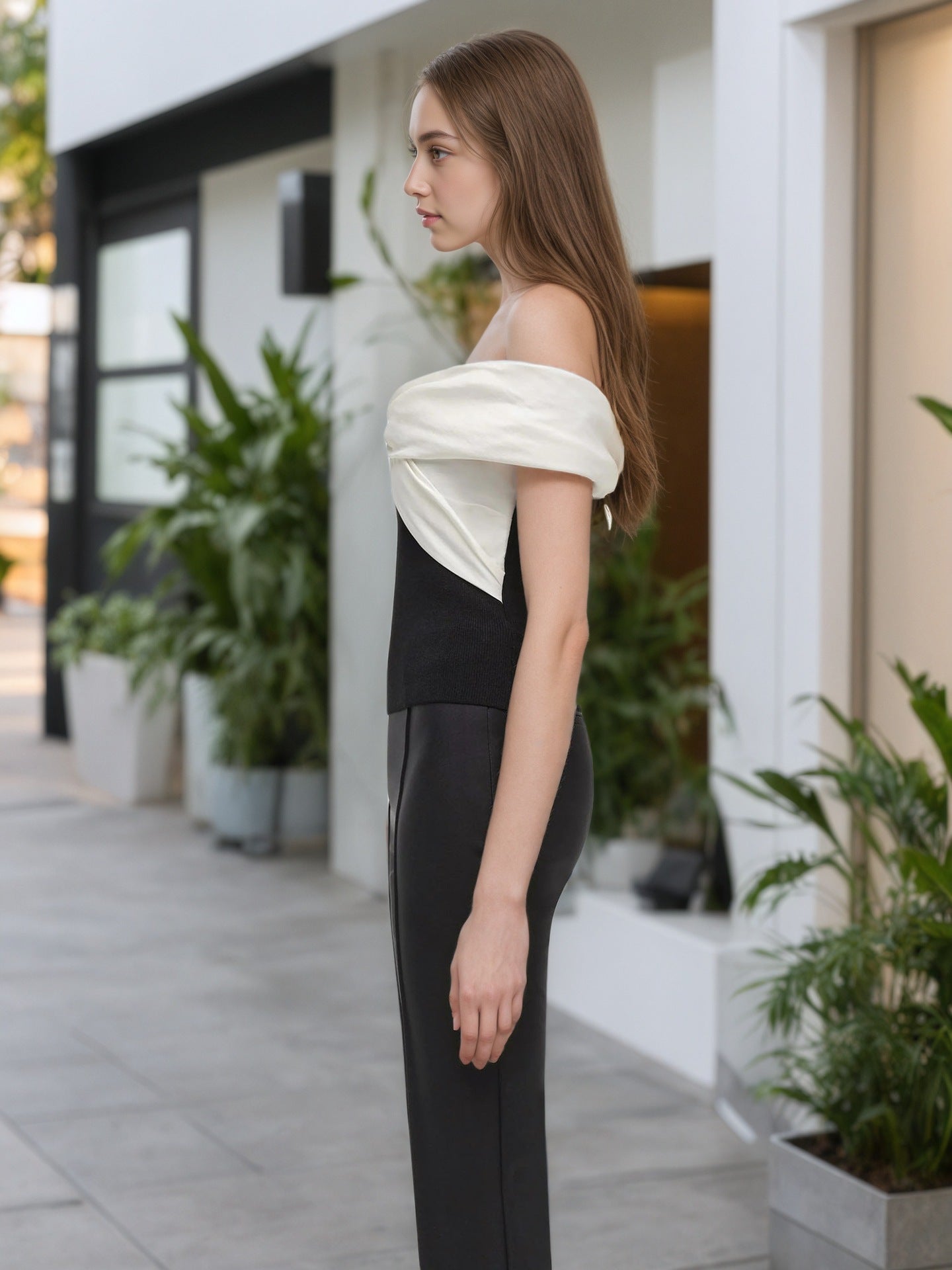 Color Block Top with Twisted Off-Shoulder Design