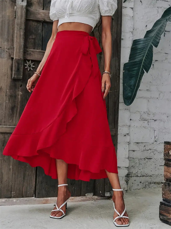 Solid Red Wrap Midi Skirt with Ruffle Trim and High-Low Hem