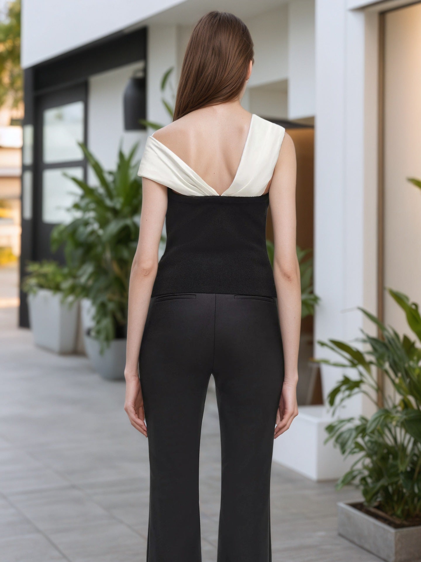 Color Block Top with Twisted Off-Shoulder Design