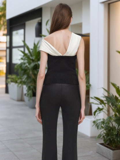 Color Block Top with Twisted Off-Shoulder Design