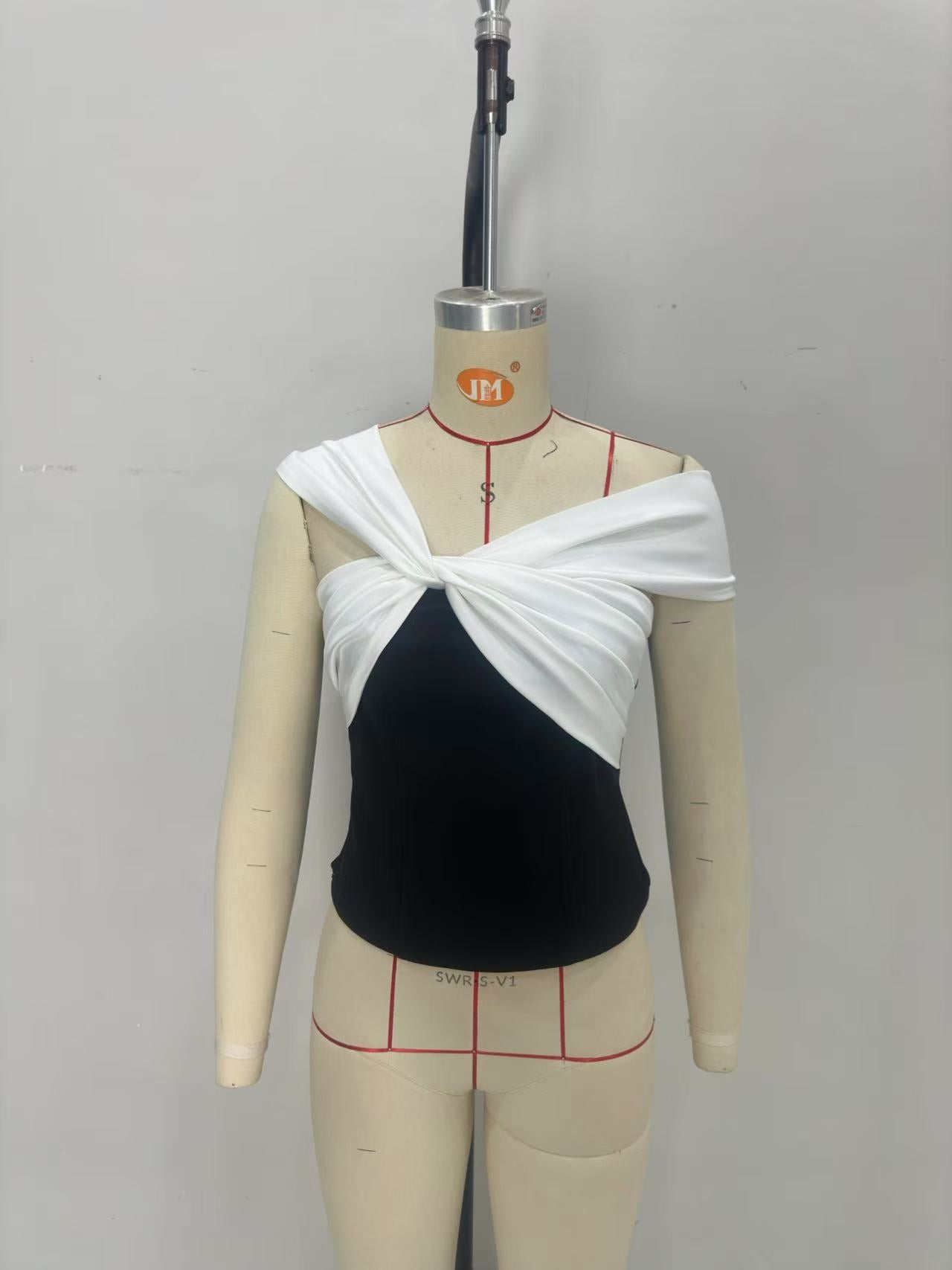 Color Block Top with Twisted Off-Shoulder Design