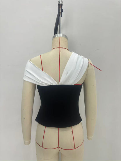 Color Block Top with Twisted Off-Shoulder Design