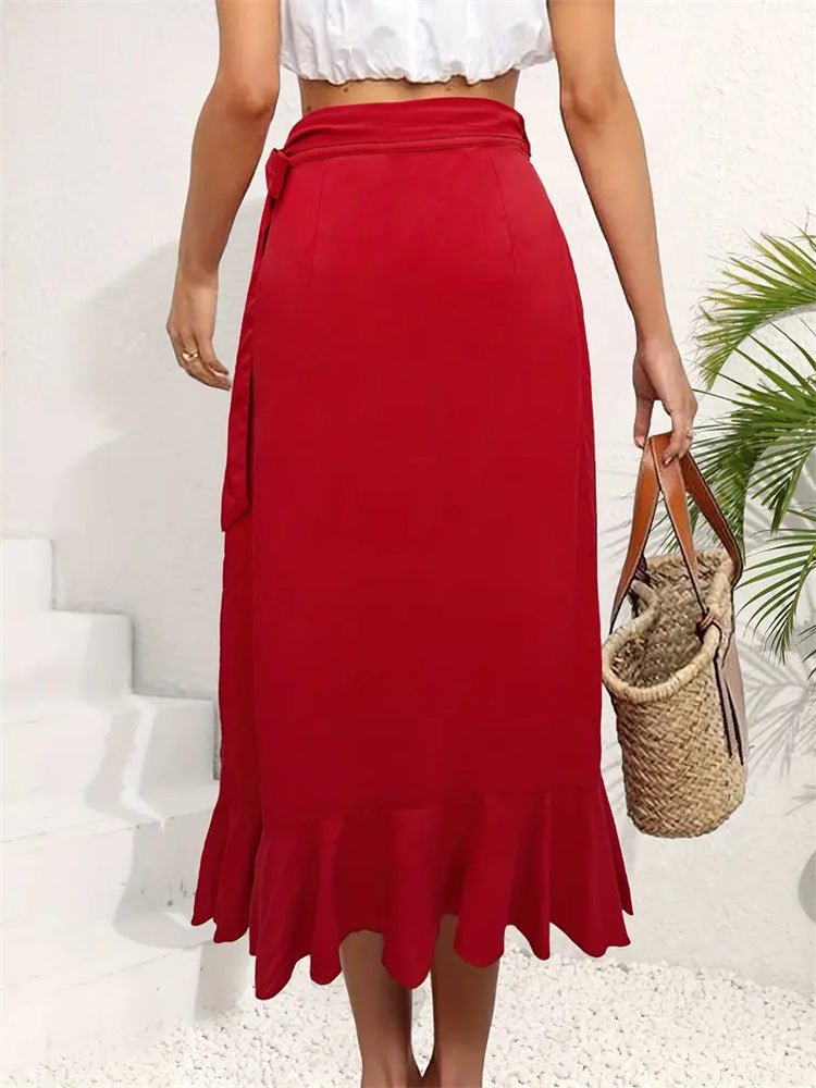 Solid Red Wrap Midi Skirt with Ruffle Trim and High-Low Hem